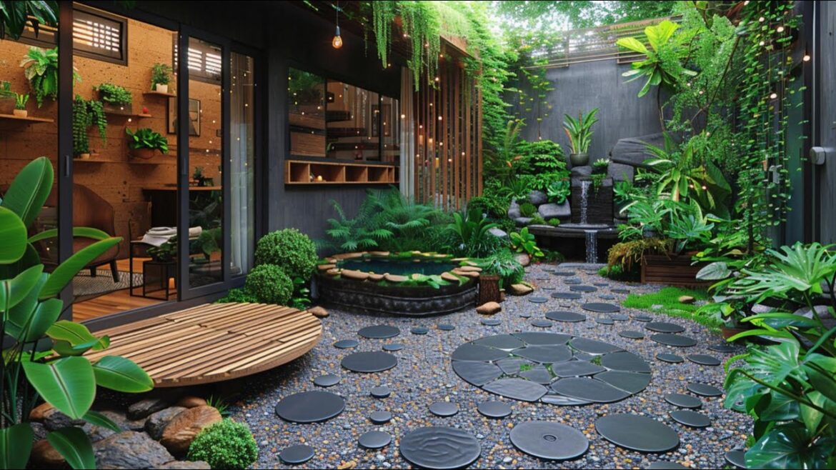 Tranquil Zen Garden Design: Modern Home with Waterfall, Tropical Foliage & Natural Elegance 🌿✨