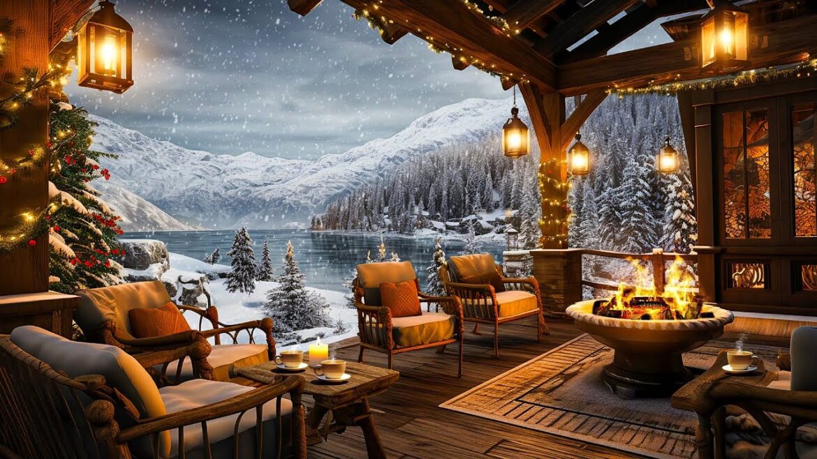 Cozy Winter Porch Ambience ⛄ Warm Piano Jazz Music and Crackling Fireplace on a Snowy Day for Relax