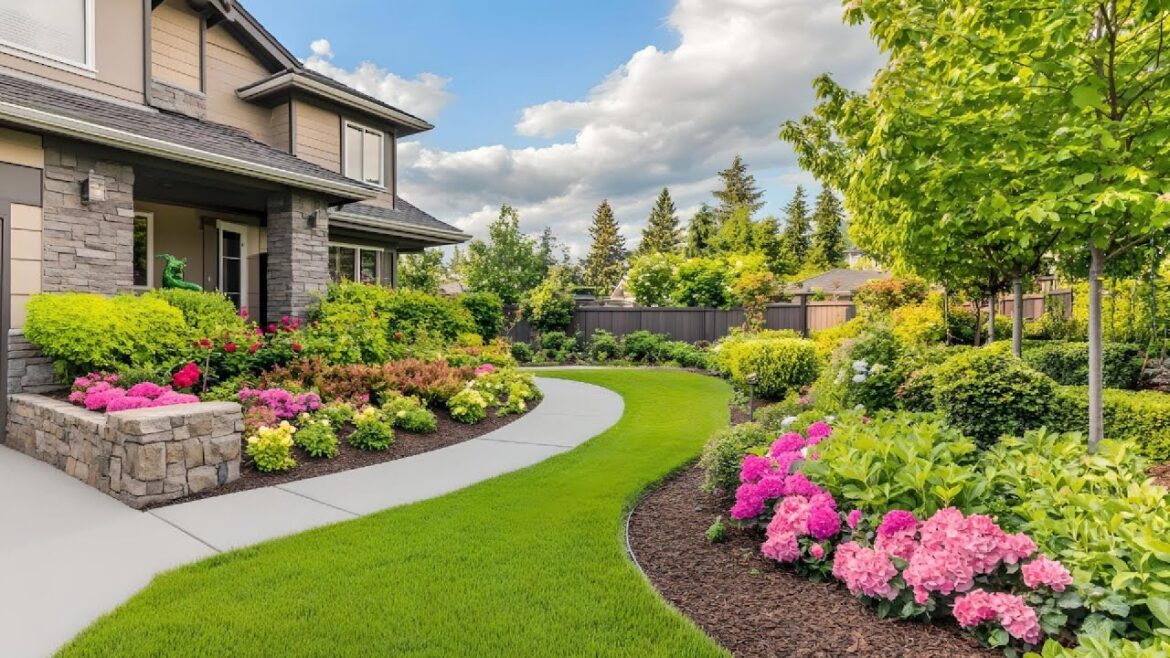 Stylish Modern Front Yard: Trendy Landscaping with Plants, Flowers, and Elegant Fence Design.