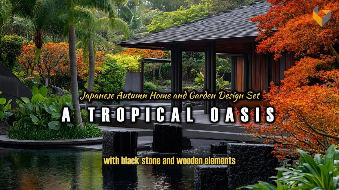 Japanese Autumn Home and Garden Design Set in a Tropical Oasis with Black Stone and Wooden Elements