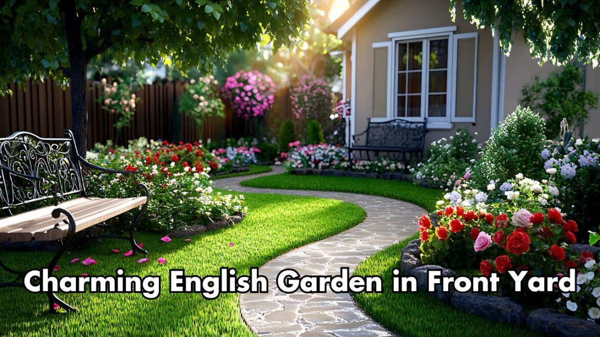 Charming English Garden in the Front Yard with Roses, Winding Paths, and Vintage Accents for a Class