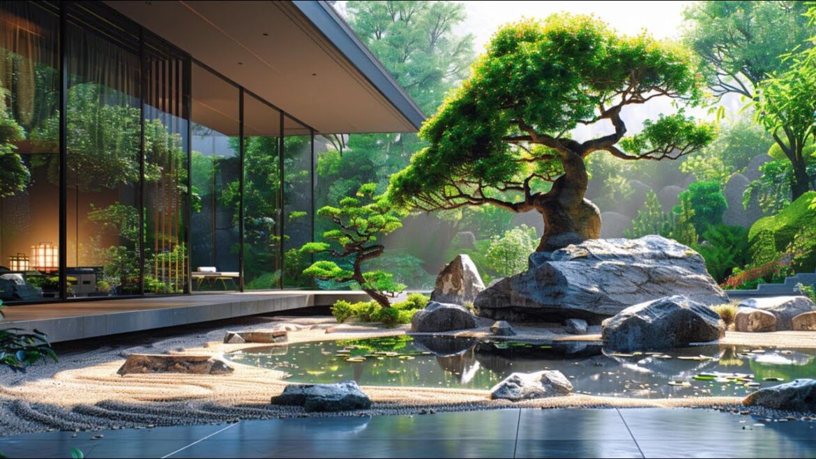 Serene Japanese Garden with Tranquil Pond & Bonsai Tree | Modern Glass House - 4DX DESIGN
