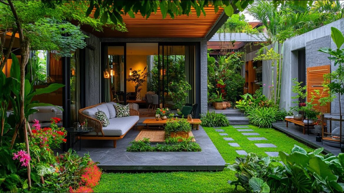 Affordable L-Shaped House Designs Featuring Natural Elements, Concrete, Brick, and a Small Garden