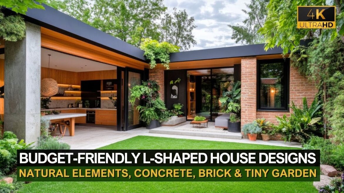 Budget-Friendly L-Shaped House Designs with Natural Elements, Concrete, Brick & Tiny Garden