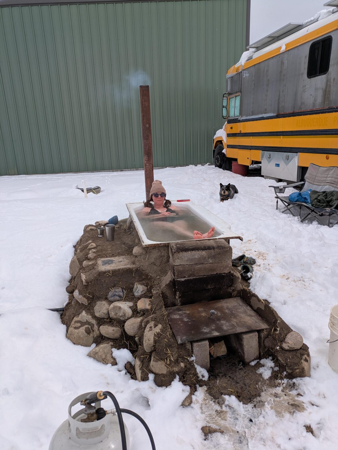106 degrees. Cast iron tub, cob, and fire. :)