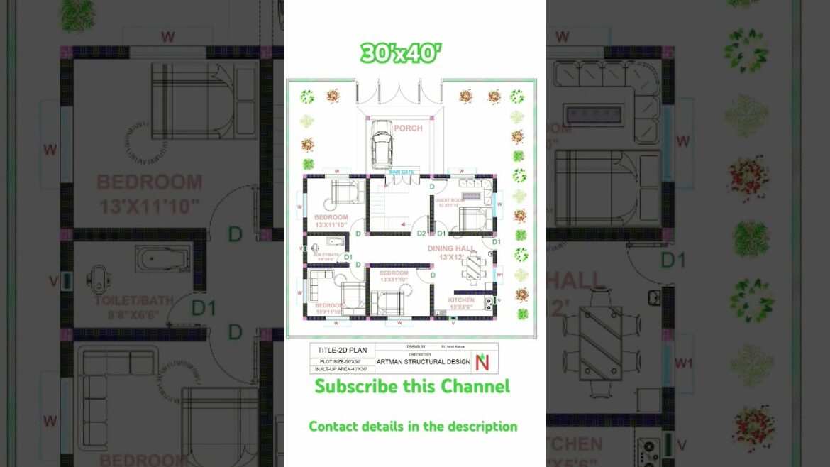 40'x30'' HOUSE PLAN || 1200 Sq. Ft. House Plan Design || North facing with vastu