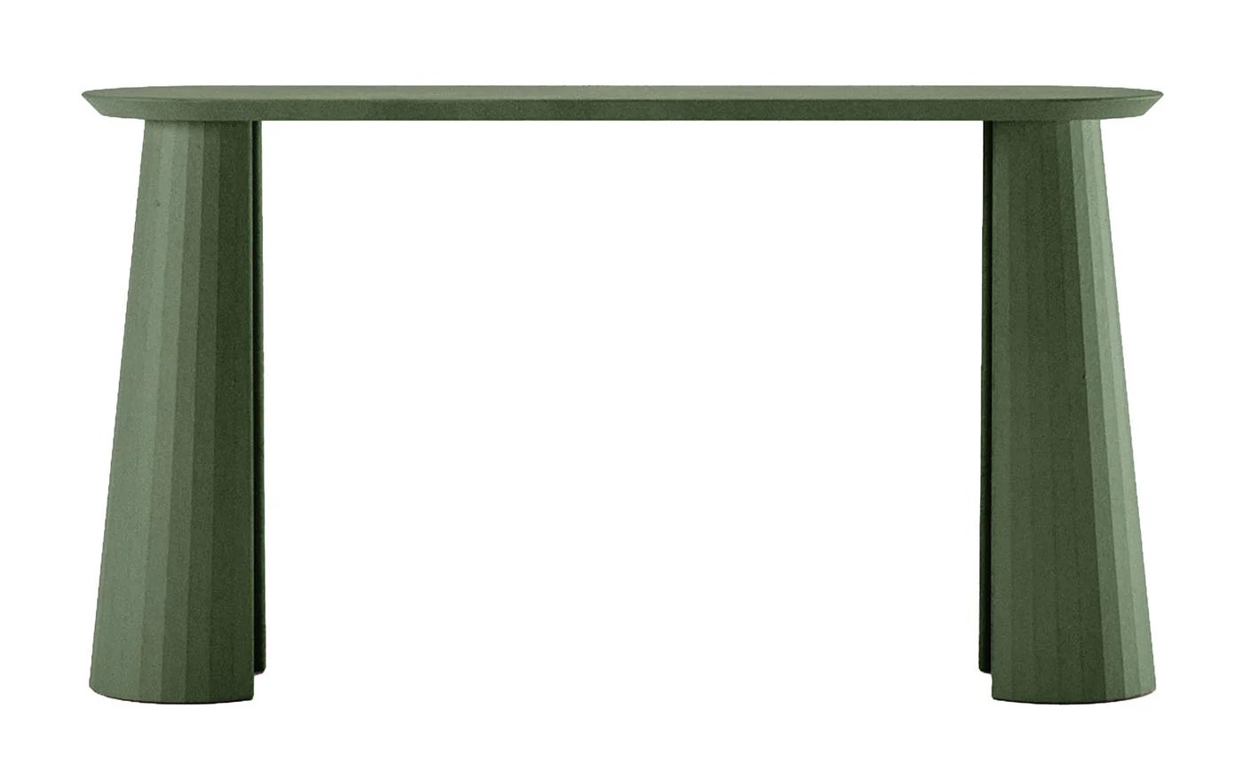 Green console table with fluted legs.