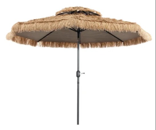 3m hula thatched patio umbrella with manual crank.