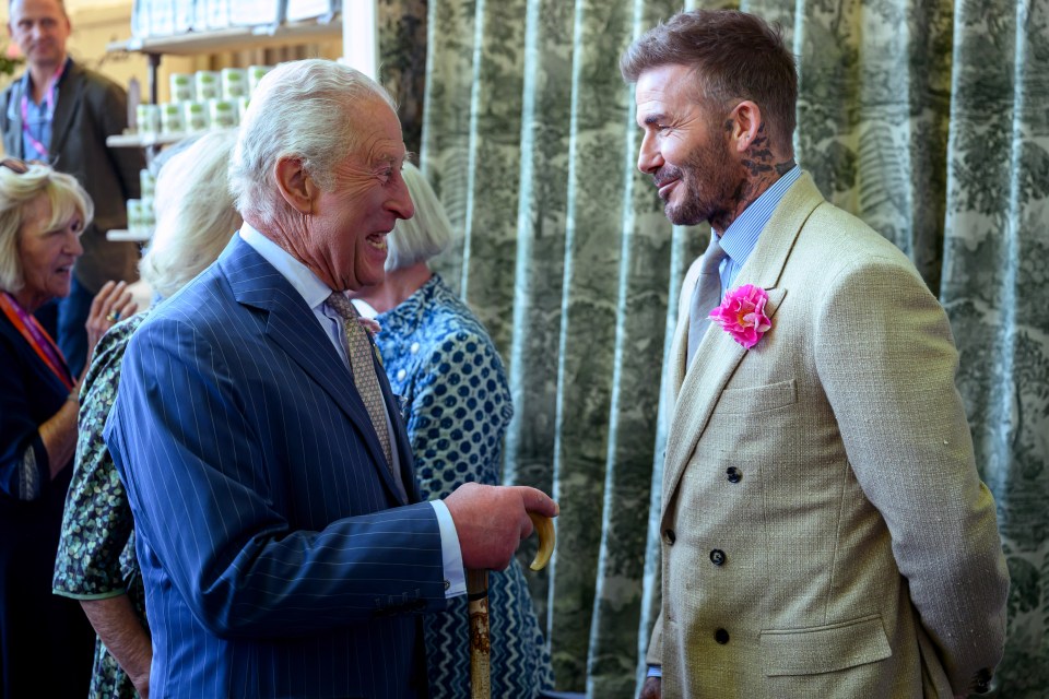 King Charles III and David Beckham speaking at the RHS Chelsea Flower Show.