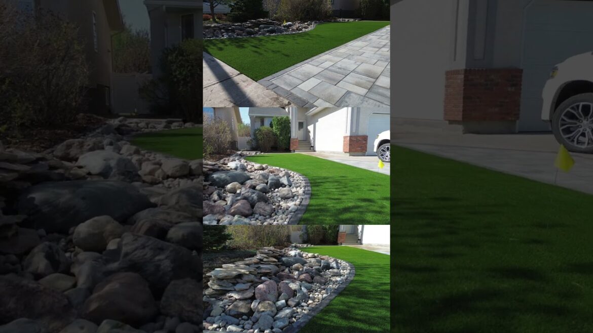 Artificial Turf + Patio with Edging & Rock Design | Low Maintenance Landscaping