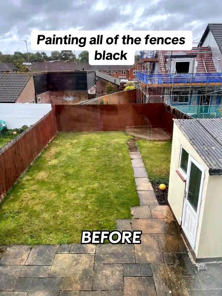 Before photo of a garden with brown fences and a stone patio.