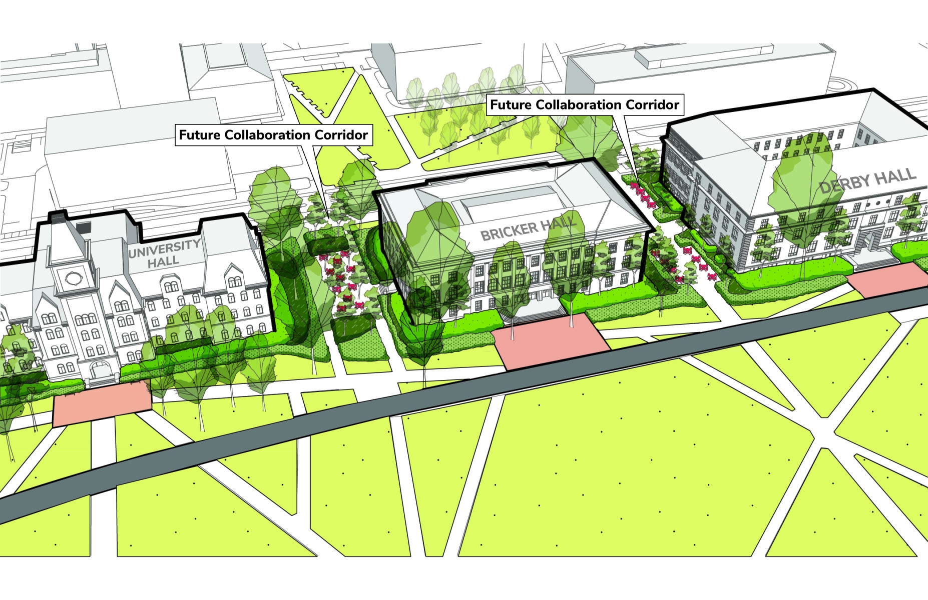 A rendering of potential exterior spaces, with furniture, just off the Oval.