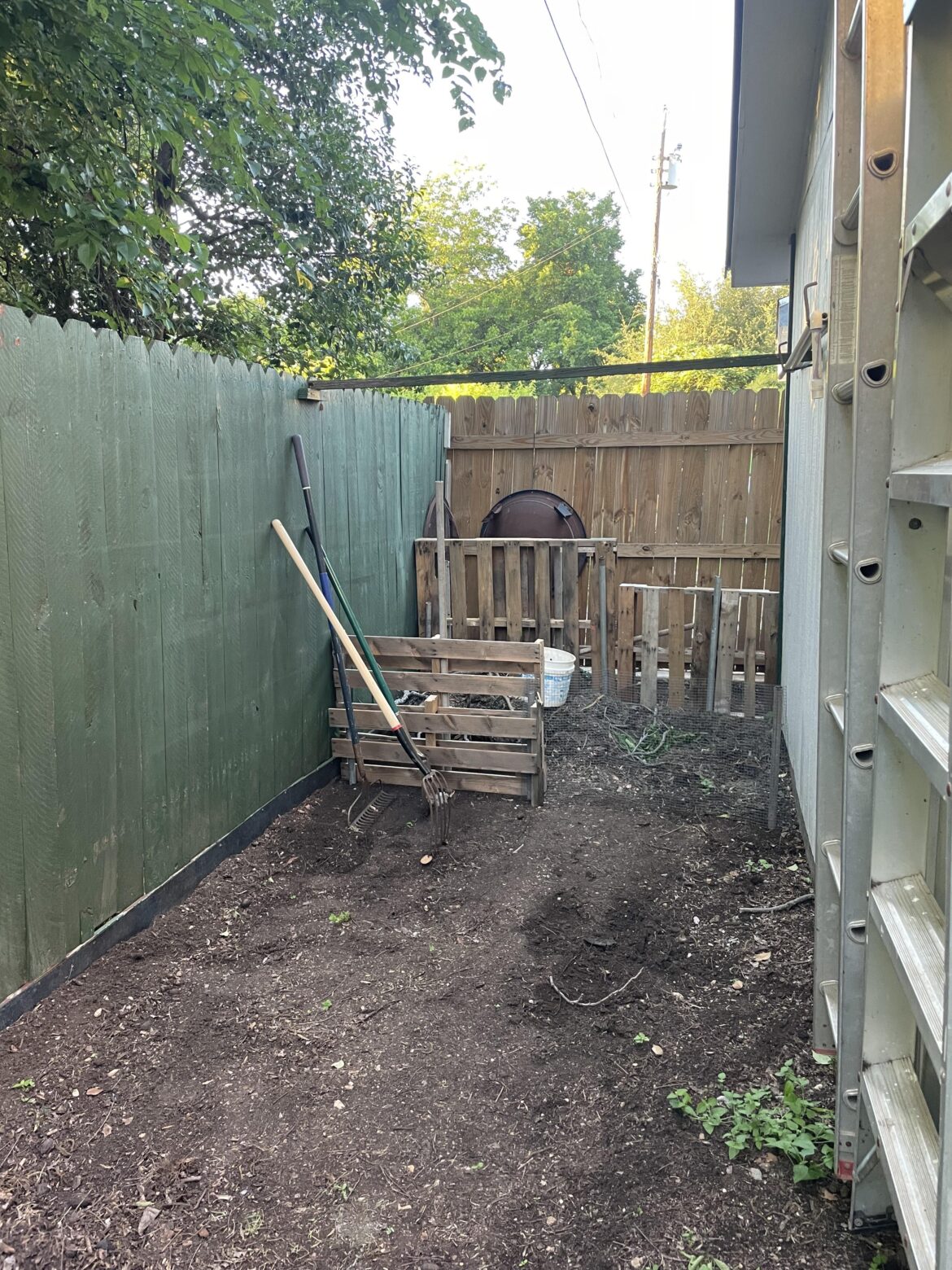 Went and got pallets to make a bin. Realized it’s just compost so I did this with the pallets instead (keeps the dogs out)
