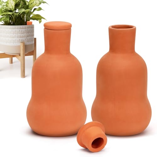 Terracotta Watering Pots With Lid, Set of 2 Slow Release Terra Cotta Self Watering Globes, Clay Root Watering Pot, Holds 15 Oz Water Automatic Watering System for Potted Plants While on Vacation