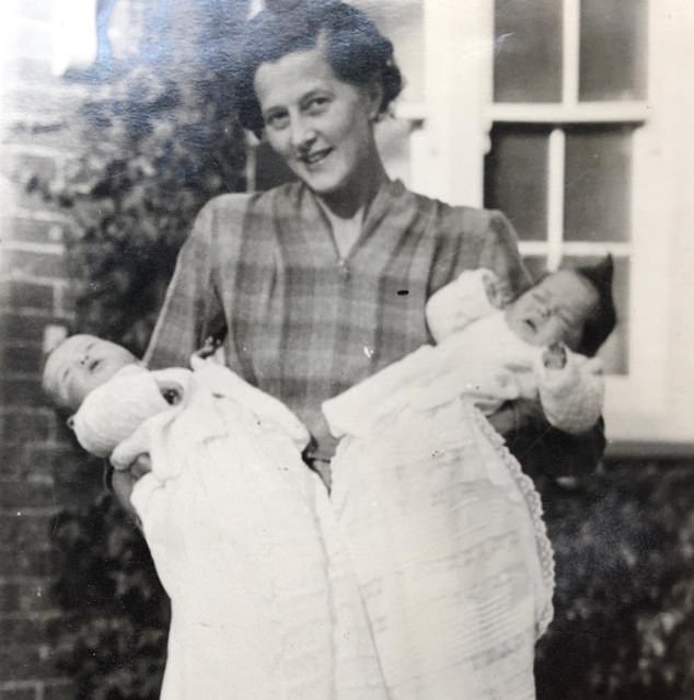 Monty pictured with his twin sister, Alison, as babies, held by their mother, Janet Wyatt