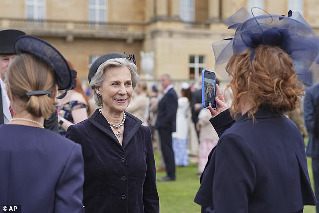 The Duchess of Gloucester, pictured, was also in attendance at the party, sporting an all-black ensemble