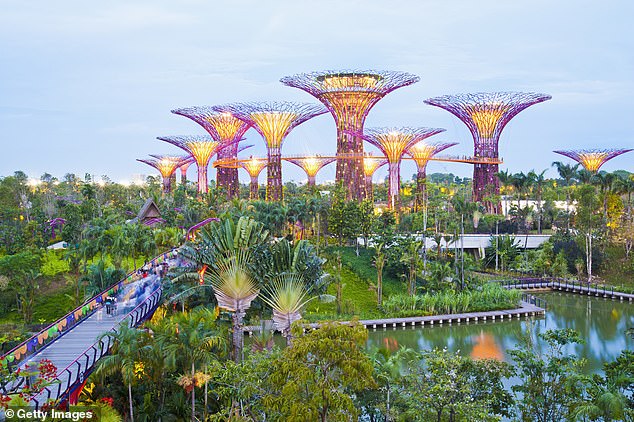 Singapore's Gardens by the Bay has become a hugely popular tourist attraction, thanks to tis Supertrees; tree-like structures that dominate the Gardens' landscape with heights that range between 25 metres (82 ft) and 50 metres (160 ft)