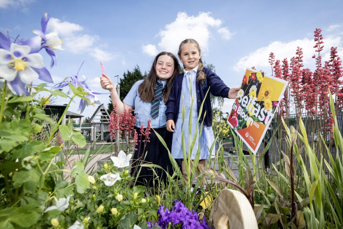 YOUNG GARDENERS: Niamh McDaid (left) and Gianna Fusco (right) help launch this year’s Belfast in Bloom competition