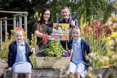 Pupils and staff from St John the Baptist PS join Councillor Matt Garrett, to launch this year’s Belfast in Bloom competition in their outdoor garden space.
