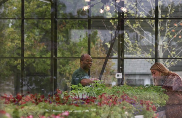 Ja'Don Banks, left, and his greenhouse mentor, Shelby Chellberg, work in the new greenhouse at Lambs Farm on May 22, 2025, in Libertyville. (Stacey Wescott/Chicago Tribune)