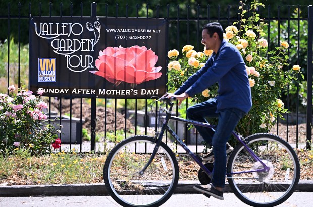 A man rides a bike past St. Vinnie's Garden, one of the many stops of this year's Vallejo Garden Tour. (Chris Riley/Times-Herald)