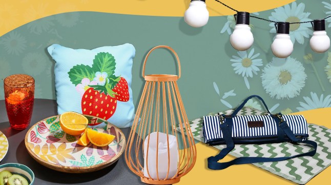 Dunelm summer picnic and garden products, including a waterproof cushion, lamp, plate and string lights.