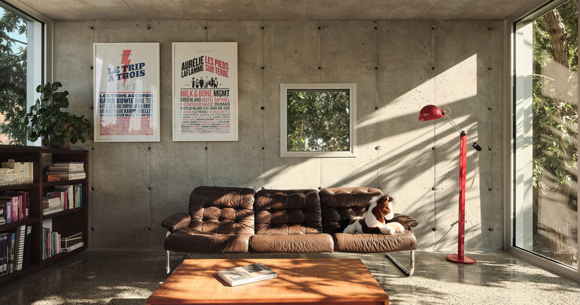 alexandre bernier architecte designs concrete residence within a garden in montreal