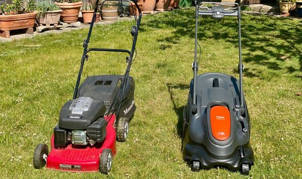 Petrol lawn mower and Flymo UltraMow Duo 36V 460