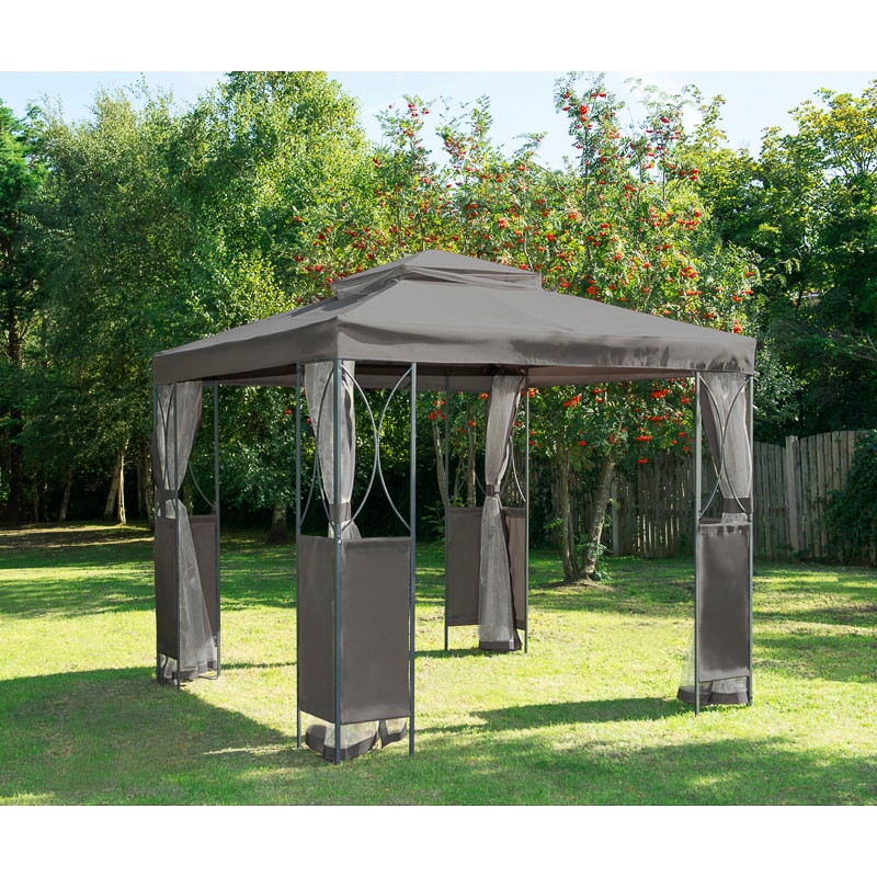 Grey steel framed gazebo with mesh curtains.