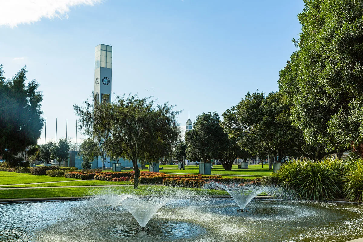 The Square Park and Clock Tower in Palmerston North, New Zealand.
