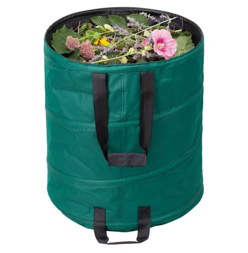 Pop-up garden bag filled with yard waste.