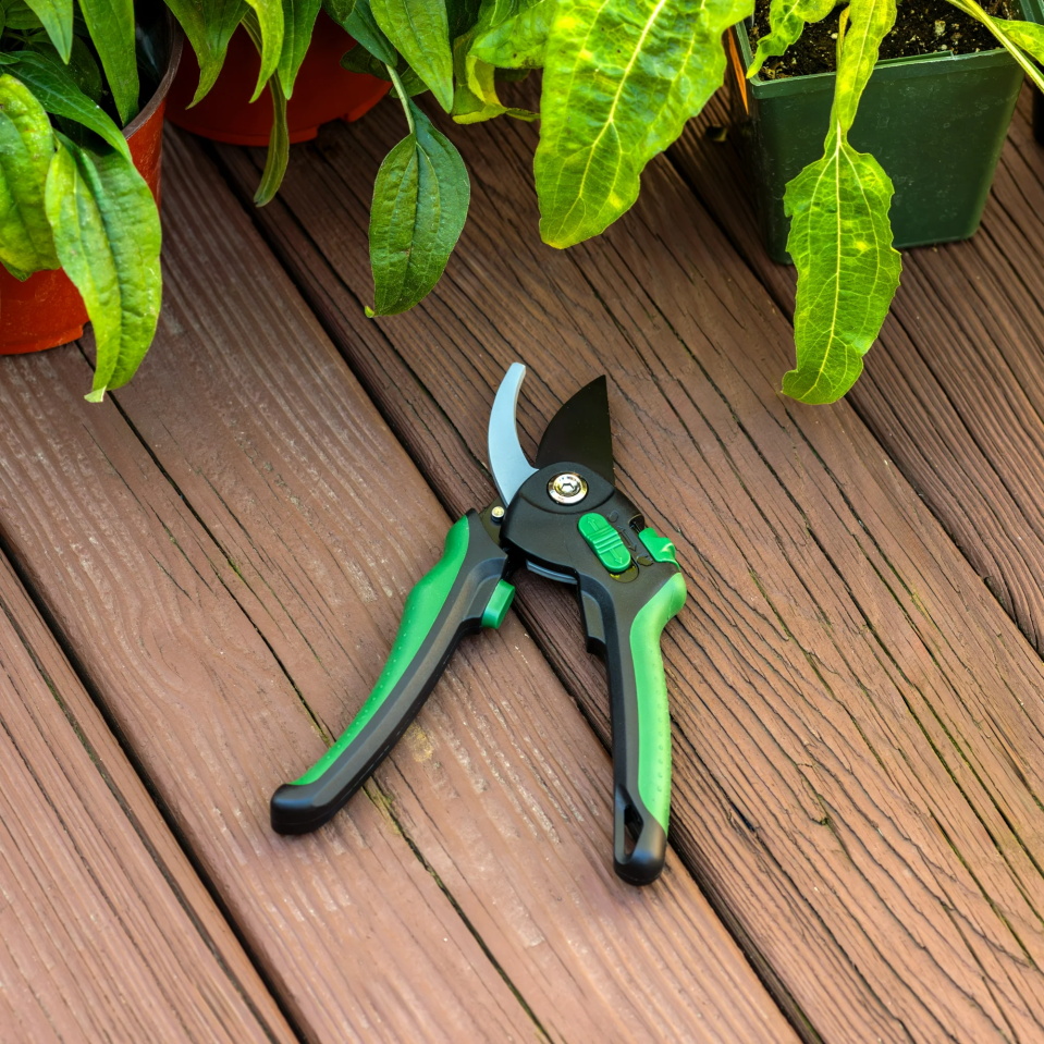 Gardening shears on a wooden deck next to potted plants.