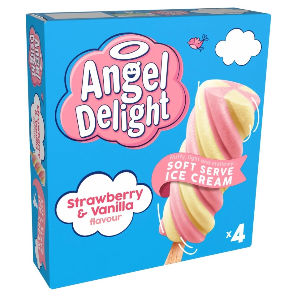 Box of four Angel Delight strawberry and vanilla soft serve ice cream bars.