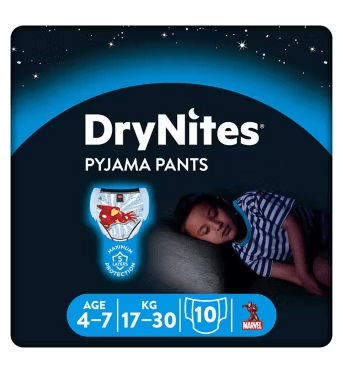 DryNites pyjama pants packaging showing a sleeping child.