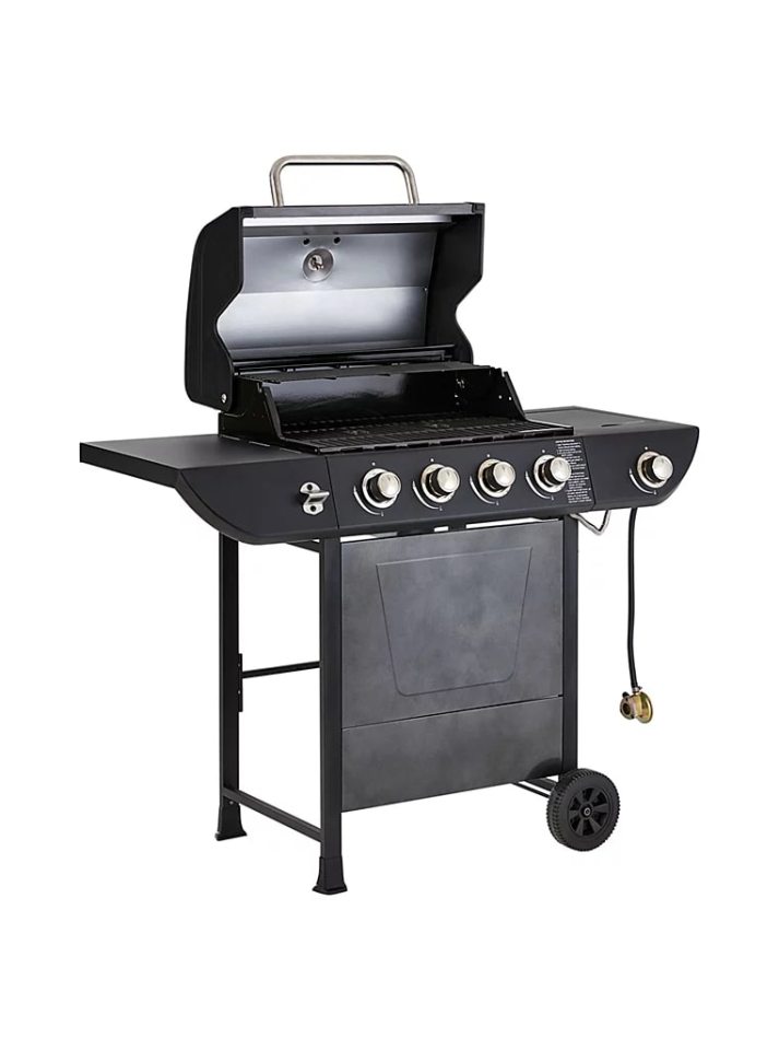 Four-burner gas grill with the lid open.