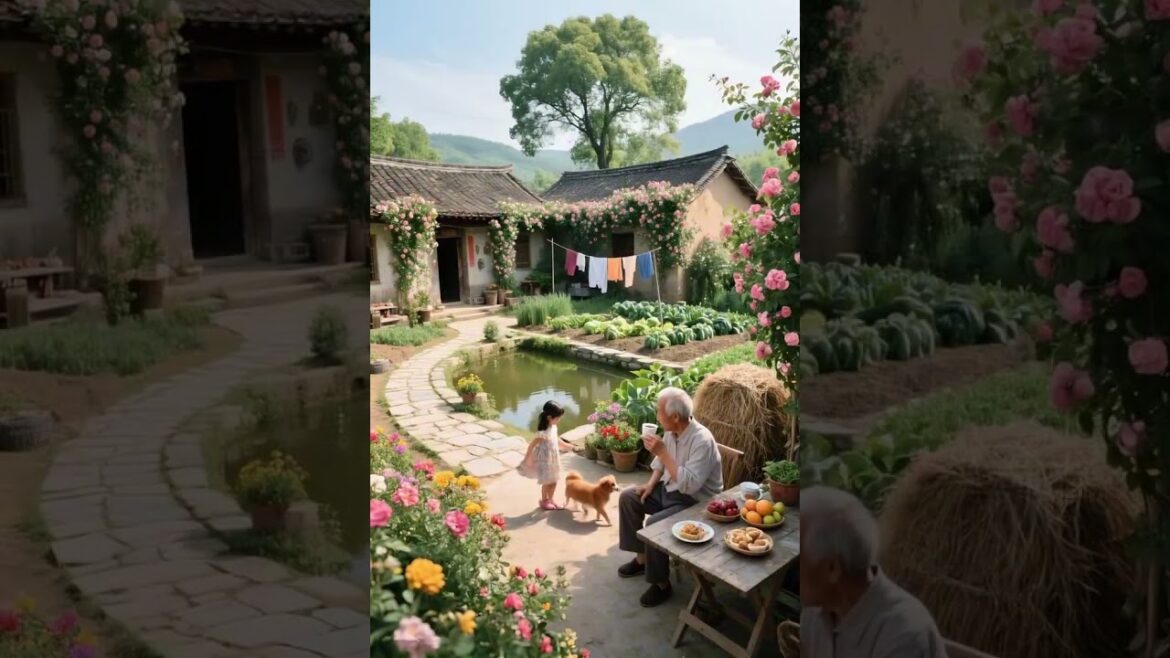 Vegetable garden in front of the beautiful landscape of the village