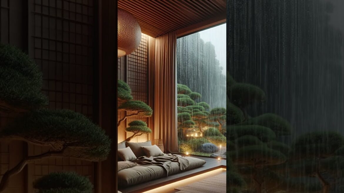 A traditional Japanese-style bedroom, Japanese garden when raining
