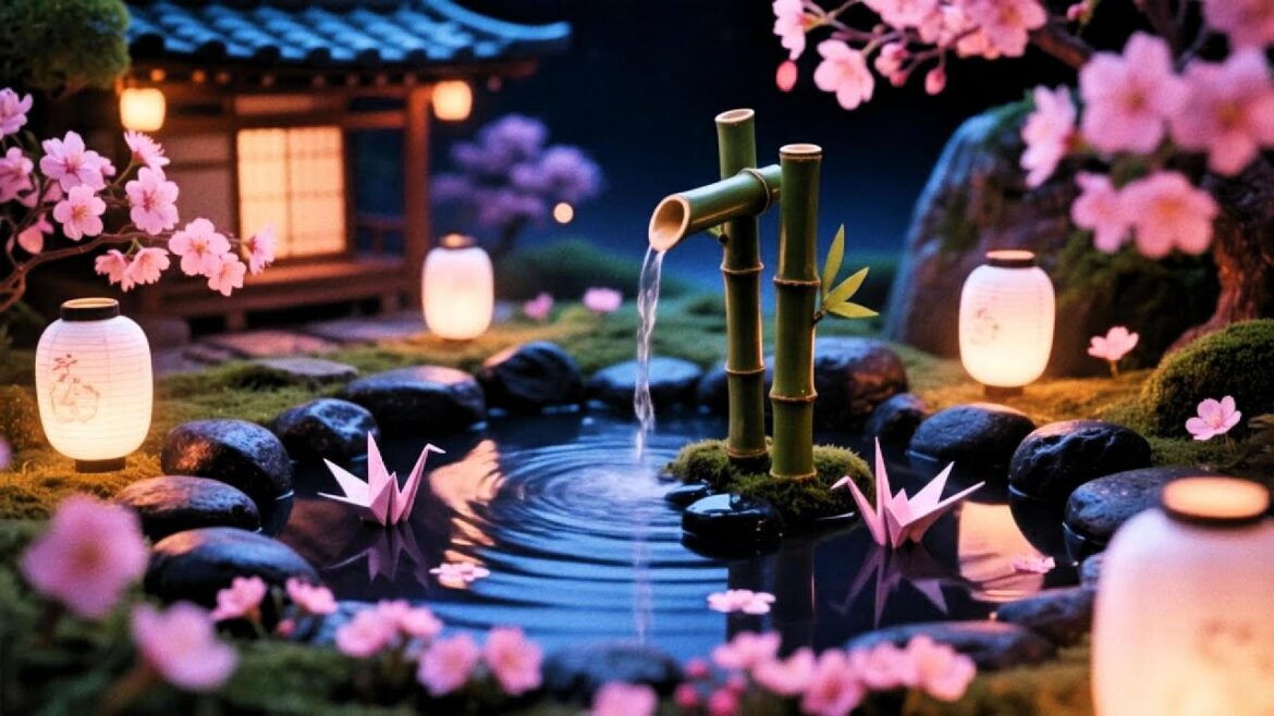 Peaceful Japanese Zen Garden at Night | Relaxing Bamboo Water Sound & Meditation Music
