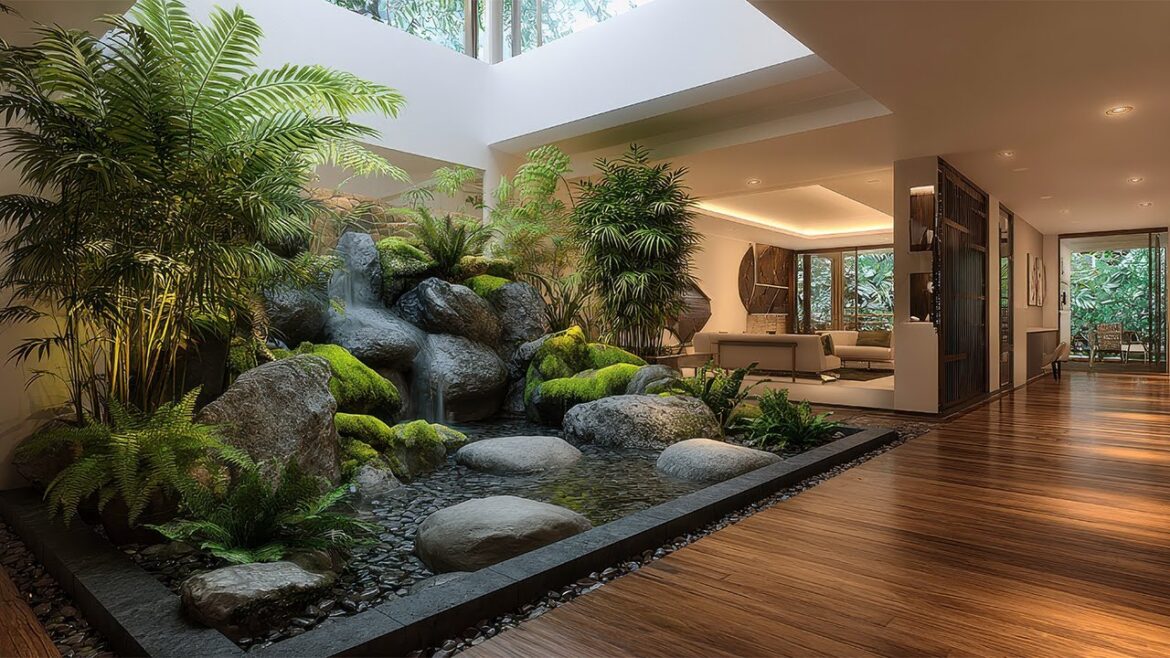 Beautiful Indoor Garden Design with Black Rock, Water Features, and Tropical Greenery