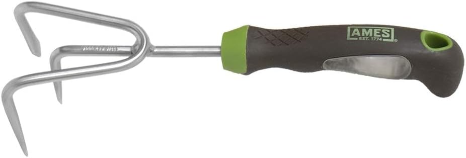Ames stainless steel hand cultivator with ergo gel grip.