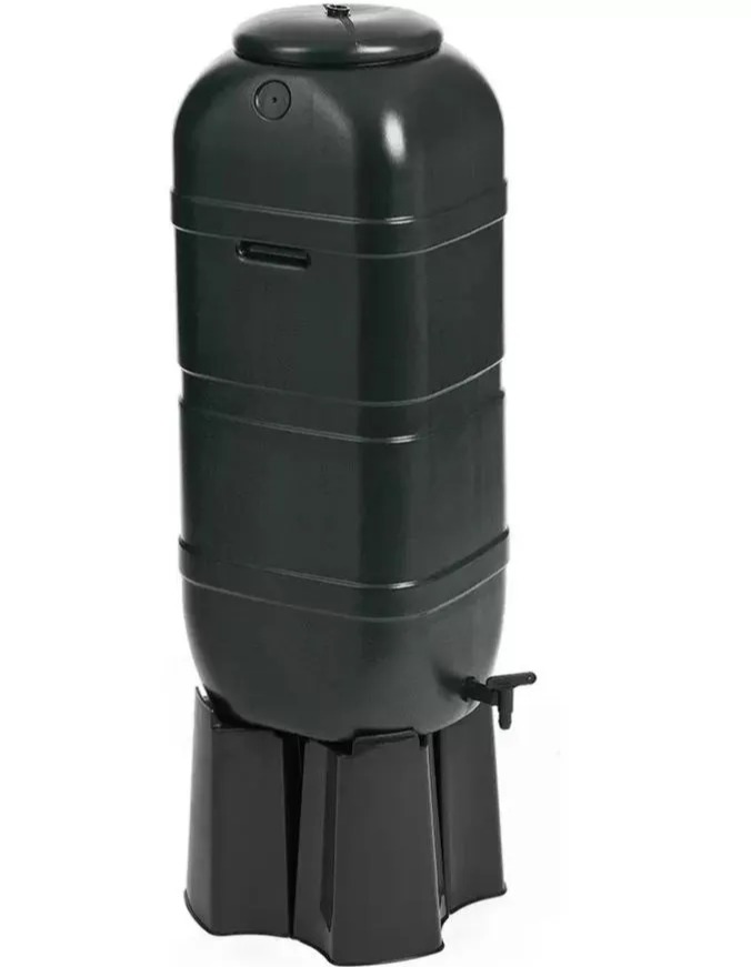 Dark green rain barrel on a black stand.