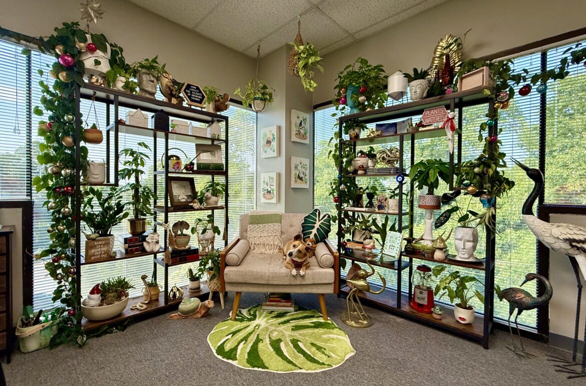 Recently rearranged the ever-changing cozy plant corner in my office! Olive approves 🐶🪴