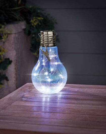 Solar-powered light bulb with fairy lights inside.