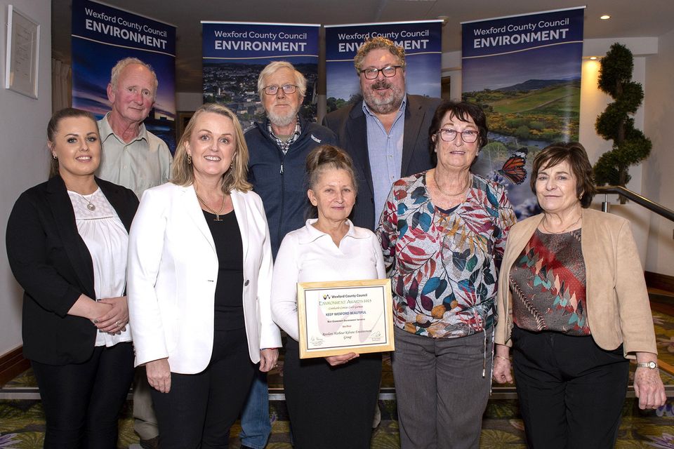 Rosslare Harbour Kilrane Environment Group pictured receiving their award at the Wexford County Council Environment Awards 2023 in the Ferrycarrig Hotel recently. (l to r)- Jodi Somers (Wexford County Council), Eugene Ferguson, Cllr Lisa McDonald ( Leas Cathaoirleach, Rosslare Municipal District), Tony McCormack, Olga Ghivitsa, Cllr Jim Codd, Vera Fox, Sheila Leacy (Wexford County Council). Pic: Jim Campbell

https://www.jimcampbellphotos.com/