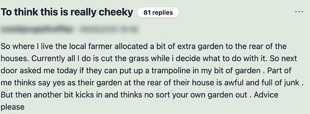 The anonymous Mumsnetter's post asked people to share their thoughts on her tricky situation with her neighbours