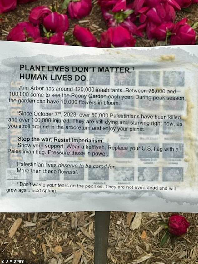 Nearby, roughly 100 flyers were left behind urging solidarity with Palestine and declaring in stark language: 'Plant lives don't matter. Human lives do.'