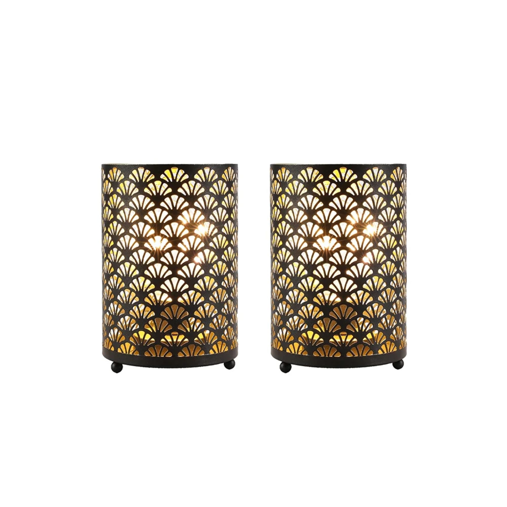 Two cylinder shaped outdoor lamps with art deco patterns on them