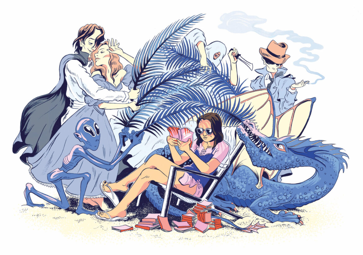 In Praise of Pulp Fiction, Bodice Rippers, and Beach Reads – Garden & Gun An illustration of a woman sitting at the beach with characters from her book around her, like a dragon, lovers, alien, and detective