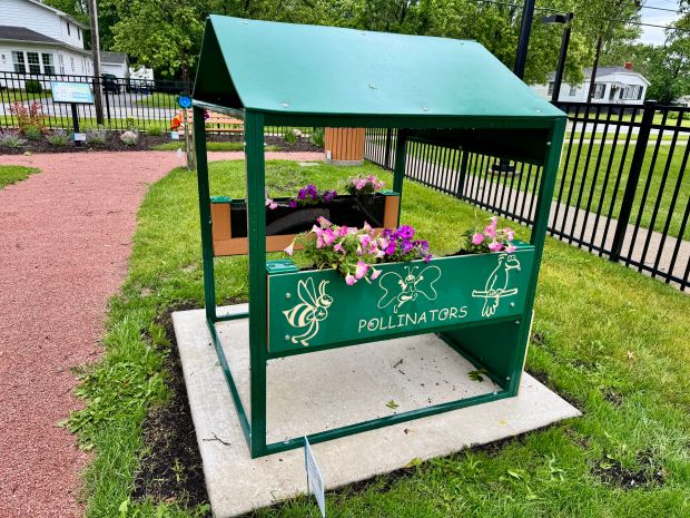 A story walk at the new Kouts Public Library, dedicated Wednesday, June 18, 2025, begins with a caterpillar that turns into a butterfly, leading to a pollinator station where visitors can plant and tend flowers. (Doug Ross/for Post-Tribune)