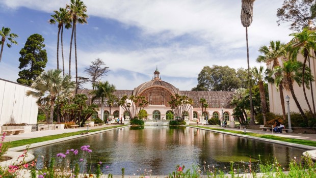 Phase 1 of the Botanical Building renovation involved rebuilding the deteriorating lath structure and arcade, seen in this image from Forever Balboa Park, and transforming the interior garden. (Studio Lunist)